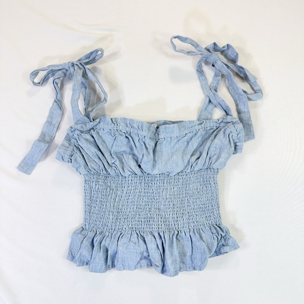 Wilfred Aritzia Blue Linen Smocked Tie Strap Crop Top XS Organic Linen